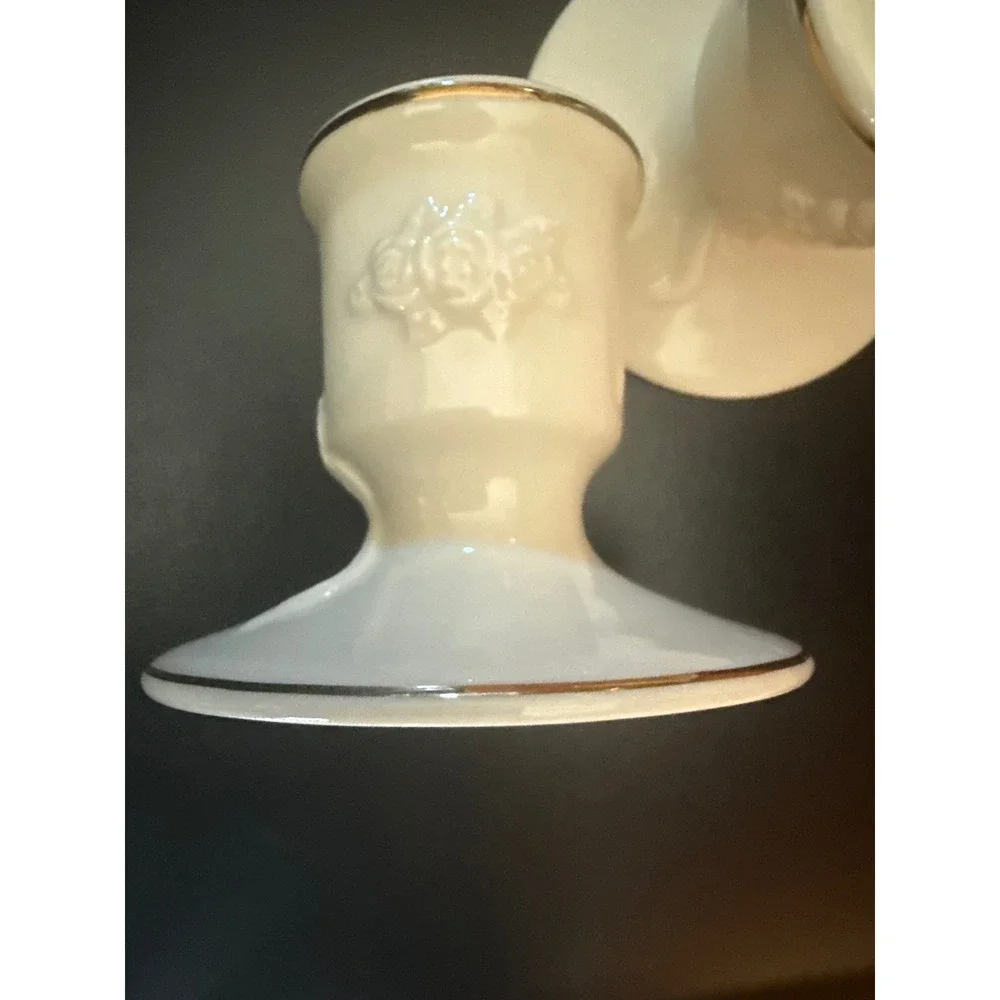 Lenox Ivory China Candlestick Holders Pair Embossed Rose Gold Trim Taper Set